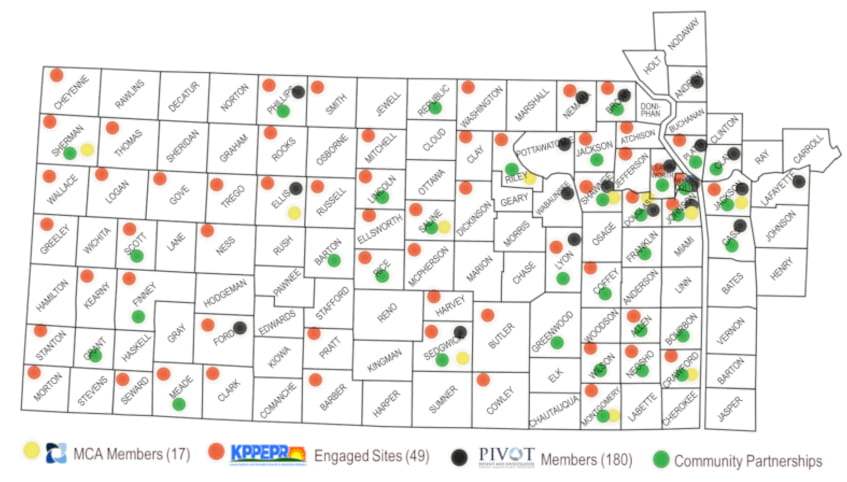 Map of KU Cancer Center's catchment area, with plots marked out for engagement with MCA, KPPEPR, PIVOT and community partnerships.